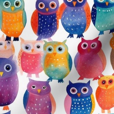 rainbow hues of watercolor owls 