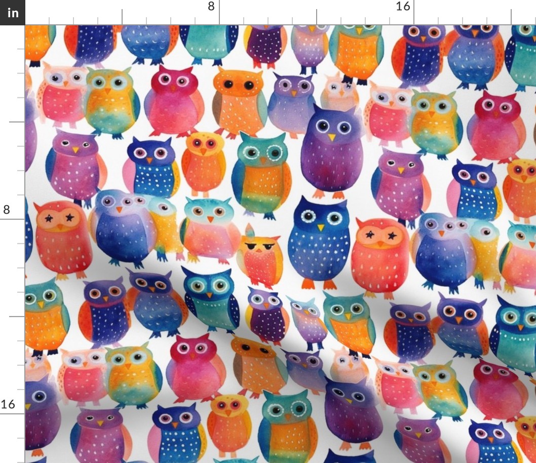 rainbow hues of watercolor owls 