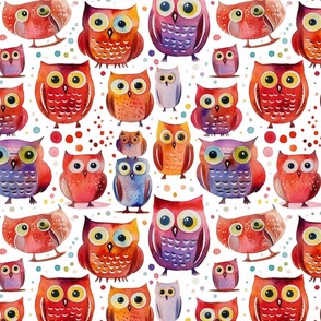 kawaii watercolor owls in red and purple