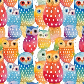 kawaii watercolor owls in rainbow hues