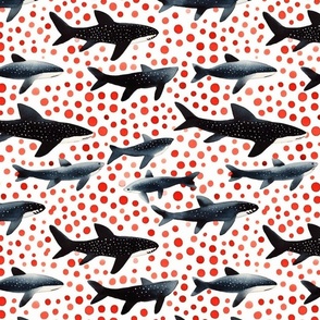 watercolor sharks with red polka dots