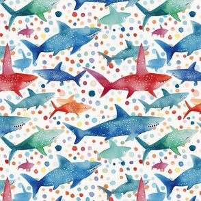 watercolor sharks in rainbow hues in blue green and red orange