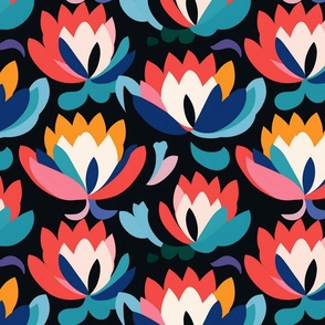 abstract lotus pattern in red pink and blue aqua