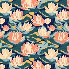 spring pastel print lotus flowers in green blue and pink peach