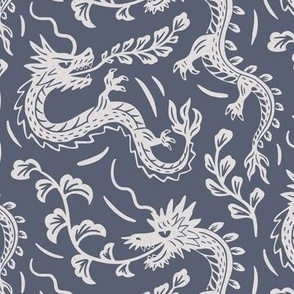 Japanese dragons block print - navy blue - year of the dragon 2024 - small scale 