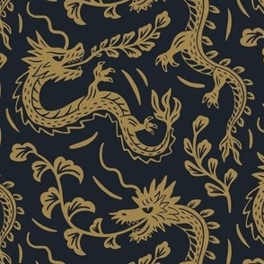 Japanese dragons block print - black and golden - year of the dragon 2024 - small scale 
