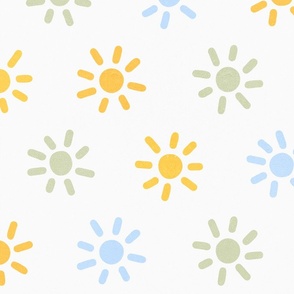 (L) Mini Boho Sun pastel Sage Green, blue, Yellow #minimalsun #retropastel #abstractsun #neutralpastela #optimistic #easter #spring #spoonflowercollection 
