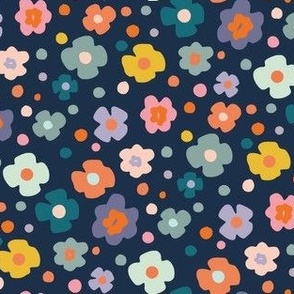 colorful scattered blossoms ✿ small, multicolored all over flowers on dark blue