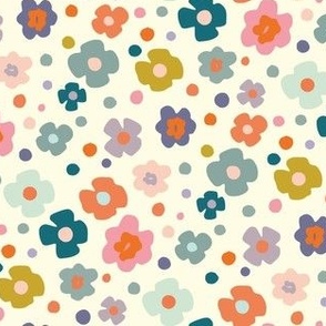 colorful scattered blossoms ✿ small, multicolored all over flowers on ivory