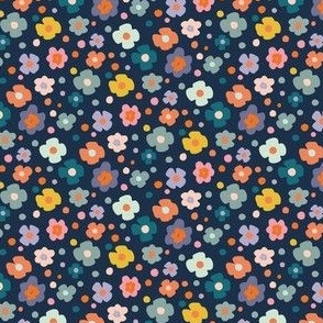 colorful scattered blossoms ✿ tiny, multicolored all over flowers on dark blue