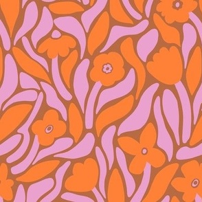 Bold modern flowers with abstract leaf shapes in pink and orange - Medium scale