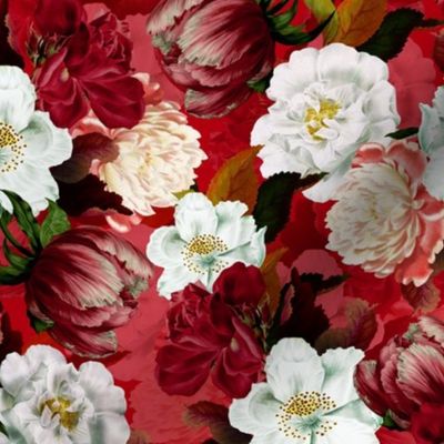 Medium - Vintage Summer Dark Night Romanticism:  Maximalism Moody Florals- Antiqued Pink And White Jan Davidsz. de Heem Roses Bouquets With Fern Leaves Nostalgic - Gothic Mystic Night-   Antique Botany Wallpaper and Victorian Goth Mystic inspired - red ba