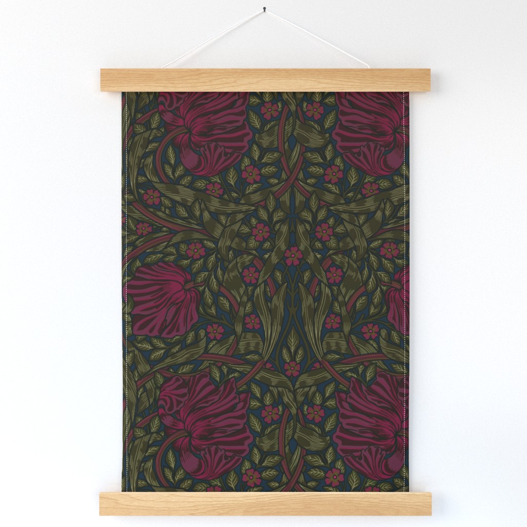 Pimpernel - LARGE 21"  - historical reconstructed damask moody floral wallpaper by William Morris - burgundy and sage dark green antiqued restored reconstruction  art nouveau art deco