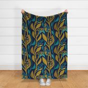 Large jumbo scale // Toxic beauty dart frogs // navy blue background yellow and teal frogs and vegetation