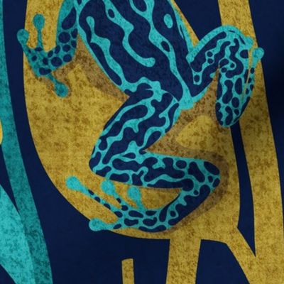 Large jumbo scale // Toxic beauty dart frogs // navy blue background yellow and teal frogs and vegetation