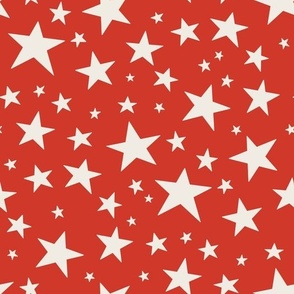 Medium Scale // Star Print - Cream White Stars on Bright Red / Hand-drawn Star Pattern