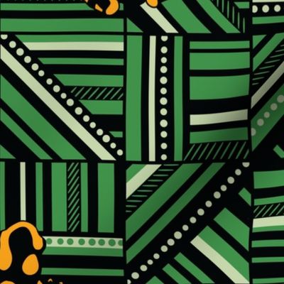 Orange frog on green abstract geometric background