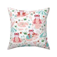 Medium / Pond Pals - Pink and Teal - Frogs - Toads - Retro - Pastel Colors - Nursery - Pond - Nature - Kids - Lotus Leaf - Water Lily
