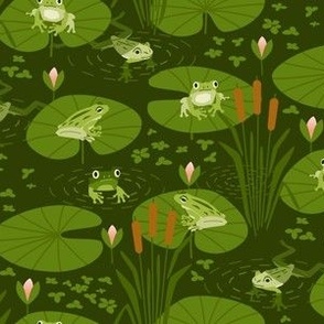 Whimsical Lily Pond Frogs with water lilies and duckweed plants in green and pinks. // Small