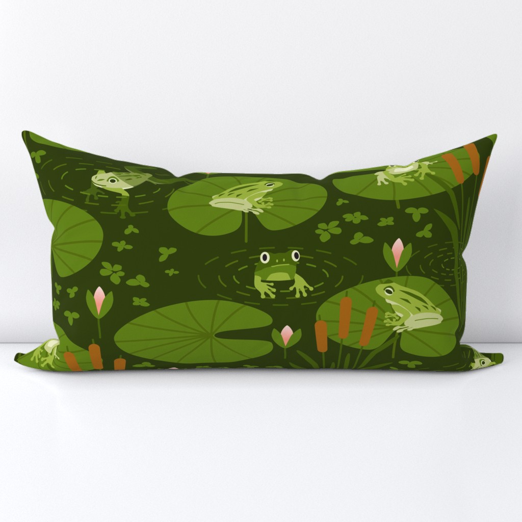 Lily Pond Frogs with water lilies and duckweed plants, whimsical design in green and pinks. // Med