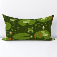 Lily Pond Frogs with water lilies and duckweed plants, whimsical design in green and pinks. // Med