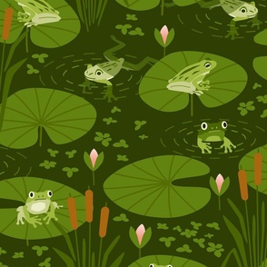 Lily Pond Frogs with water lilies and duckweed plants, whimsical design in green and pinks. // Med