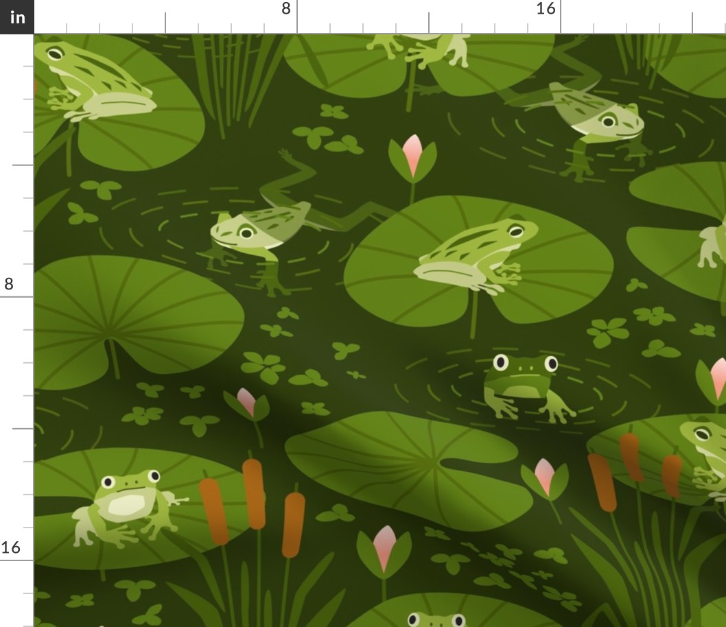 Lily Pond Frogs with water lilies and duckweed plants, whimsical design in green and pinks. // Med