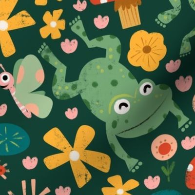 Playful frogs| green background | half drop