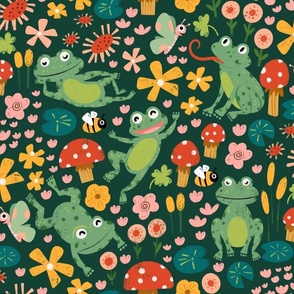 Playful frogs| green background | half drop