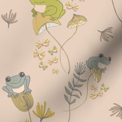 Woodland Forest Frogs, Mushrooms and Butterflies in Pink, Green and Goldenrod