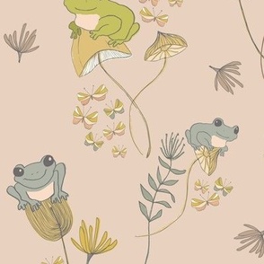 Woodland Forest Frogs, Mushrooms and Butterflies in Pink, Green and Goldenrod