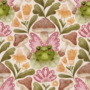 Large – Cute Frog With Wings Between Mushrooms and Flowers – green, pink, peach
