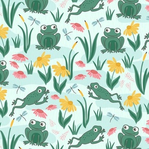 Playful Frogs on the Pond Whimsical Leaping Frog Print for Kids Cute Dragonfly Large Scale