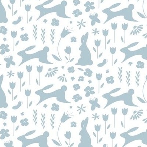 spring bunnies and florals, blue gray on white background