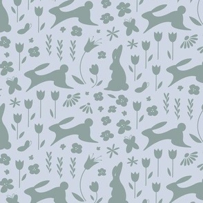 spring bunnies and florals, teal on light blue