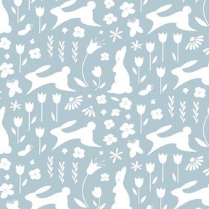 spring bunnies and florals, white on gray blue background