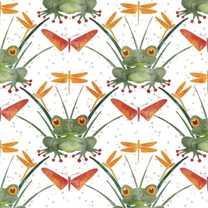watercolor frog with dragonfly and butterfly on grass - green watercolor toad - botanical amphibious fabric and wallpaper