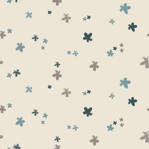 Groovy Whimsical Flowers in Blue and Gray on Cream (Large)_B24010R09A