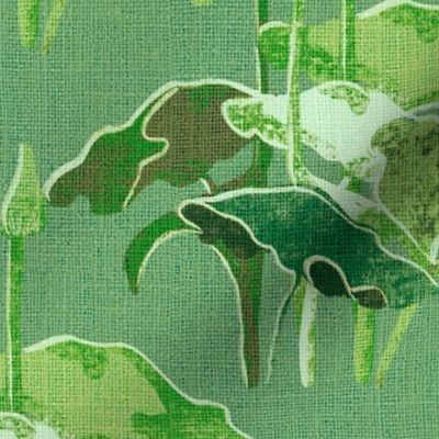 12” repeat Painterly botanical forest lake plants on faux burlap woven texture leap year frog coordinate on dark celadon sage green faux woven texture background