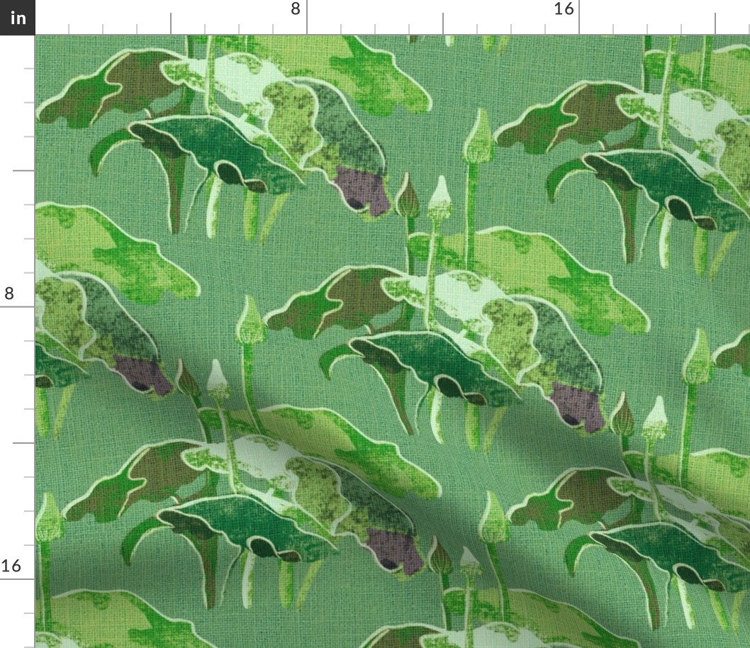 12” repeat Painterly botanical forest lake plants on faux burlap woven texture leap year frog coordinate on dark celadon sage green faux woven texture background