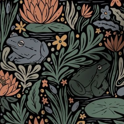 Frog Pond- frogs and lilies - block print - dark - tan, sage green, blue, coral pink, gold yellow - large