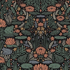 Frog Pond- frogs and lilies - block print - dark - tan, sage green, blue, coral pink, gold yellow - large