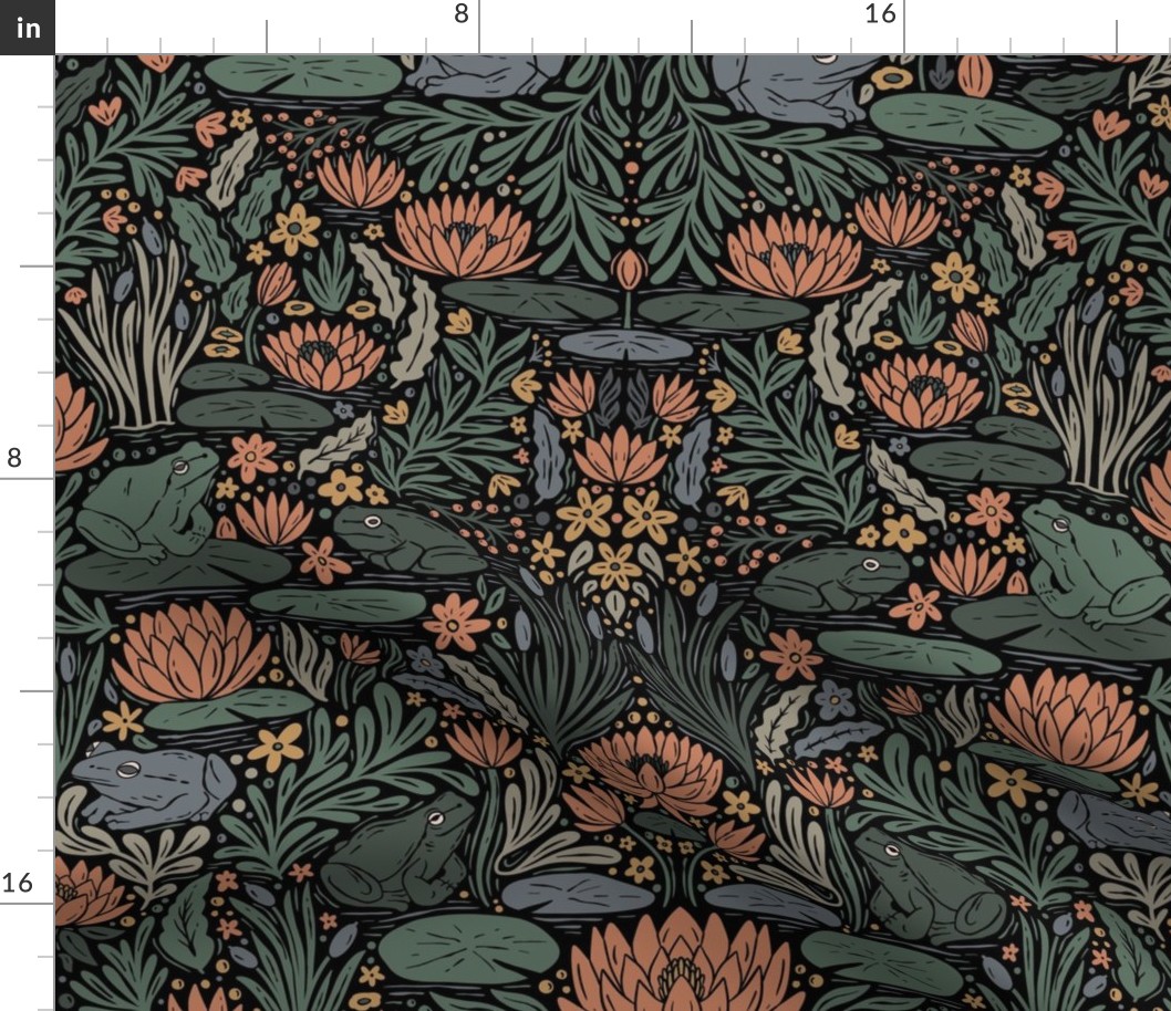 Frog Pond- frogs and lilies - block print - dark - tan, sage green, blue, coral pink, gold yellow - large