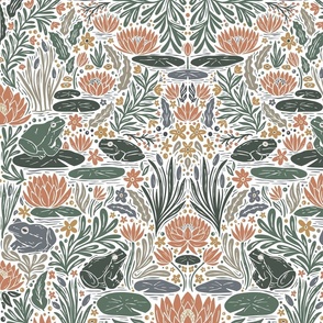 Frog Pond- frogs and lilies - block print - light - tan, sage green, blue, coral pink, gold yellow - large