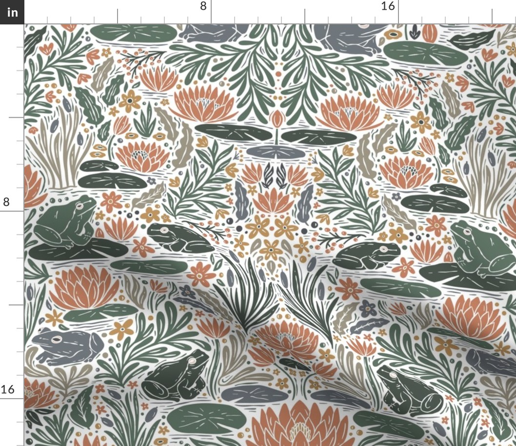 Frog Pond- frogs and lilies - block print - light - tan, sage green, blue, coral pink, gold yellow - large