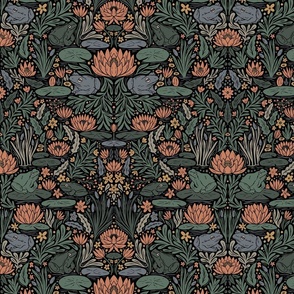 Frog Pond- frogs and lilies - block print - dark - tan, sage green, blue, coral pink, gold yellow - medium