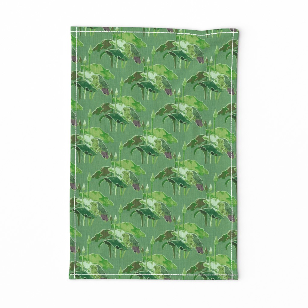 6” repeat Painterly botanical forest lake plants on faux burlap woven texture leap year frog coordinate on dark celadon sage green faux woven texture background