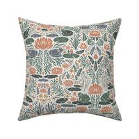 Frog Pond- frogs and lilies - block print - light - tan, sage green, blue, coral pink, gold yellow - medium