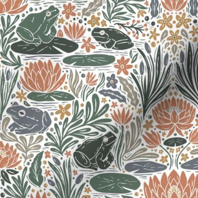 Frog Pond- frogs and lilies - block print - light - tan, sage green, blue, coral pink, gold yellow - medium