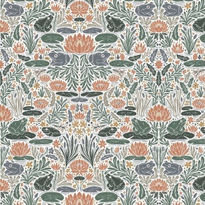 Frog Pond- frogs and lilies - block print - light - tan, sage green, blue, coral pink, gold yellow - medium